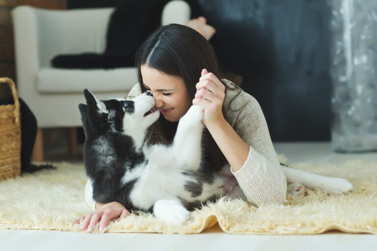 Hund kuschelt mit dem Frauchen