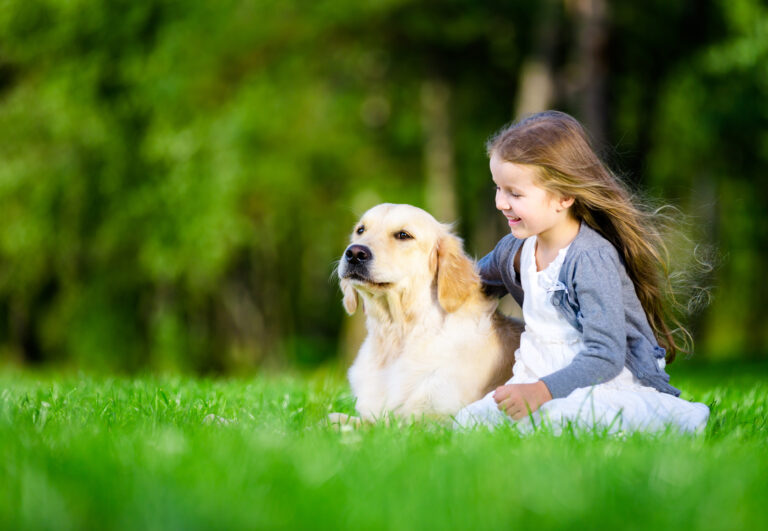 mädchen mit golden retriever im grass