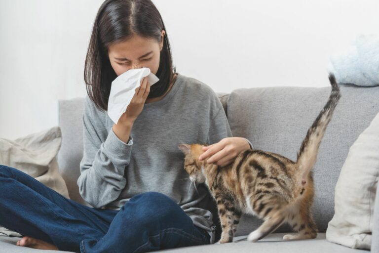 Frau niest wegen Katzenallergie