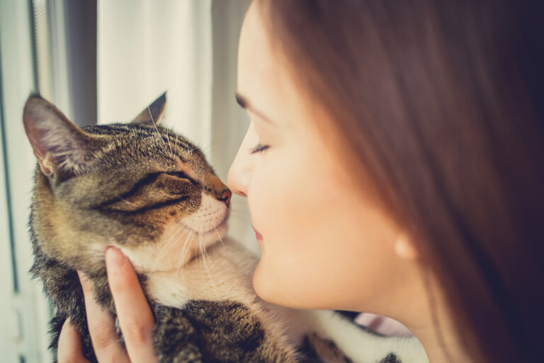 Junge Frau und Katze kuscheln