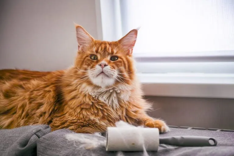 Eine rote Maine Coon liegt neben einer Fusselroller voller Haar maine coon mit fusselrolle